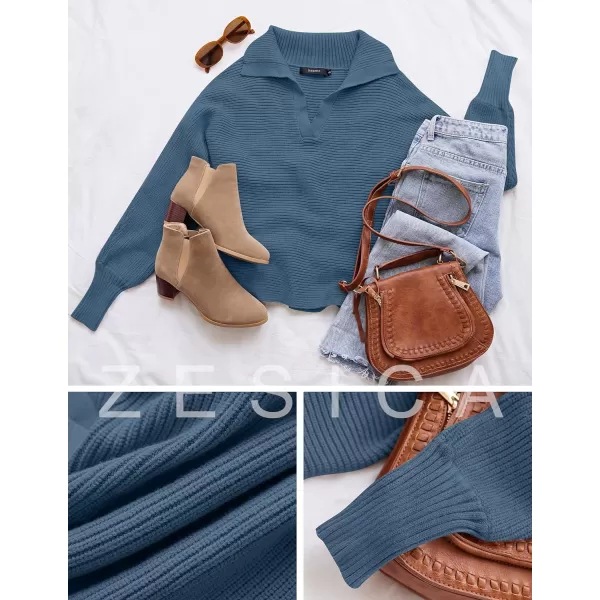 imageZESICA Womens 2023 Fall Lapel Collar V Neck Long Sleeve Ribbed Knit Comfy Loose Casual Pullover Sweater Jumper TopBlue