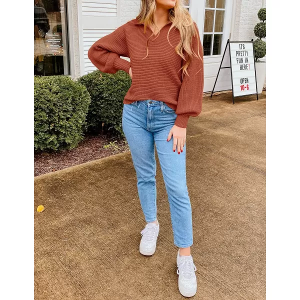 imageZESICA Womens 2023 Fall Lapel Collar V Neck Long Sleeve Ribbed Knit Comfy Loose Casual Pullover Sweater Jumper TopBrickred