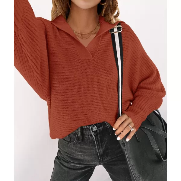 imageZESICA Womens 2023 Fall Lapel Collar V Neck Long Sleeve Ribbed Knit Comfy Loose Casual Pullover Sweater Jumper TopBrickred