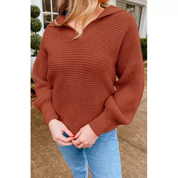 imageZESICA Womens 2023 Fall Lapel Collar V Neck Long Sleeve Ribbed Knit Comfy Loose Casual Pullover Sweater Jumper TopBrickred