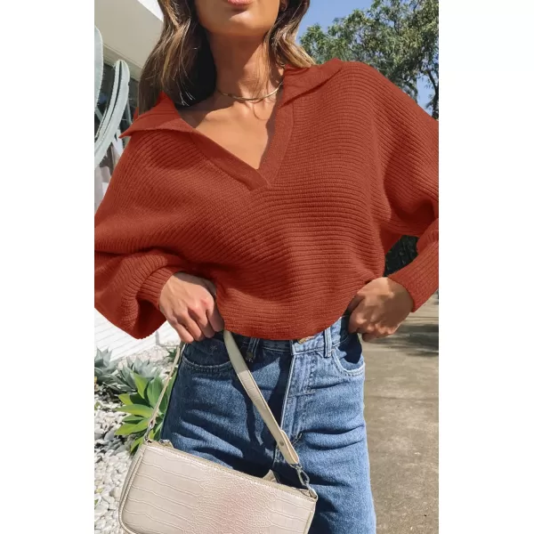 imageZESICA Womens 2023 Fall Lapel Collar V Neck Long Sleeve Ribbed Knit Comfy Loose Casual Pullover Sweater Jumper TopBrickred