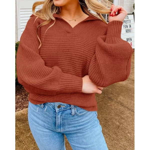 imageZESICA Womens 2023 Fall Lapel Collar V Neck Long Sleeve Ribbed Knit Comfy Loose Casual Pullover Sweater Jumper TopBrickred