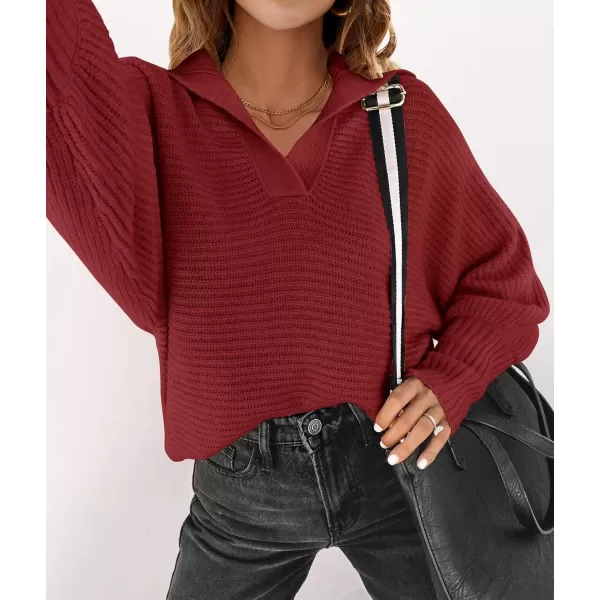 imageZESICA Womens 2023 Fall Lapel Collar V Neck Long Sleeve Ribbed Knit Comfy Loose Casual Pullover Sweater Jumper TopBurgundy