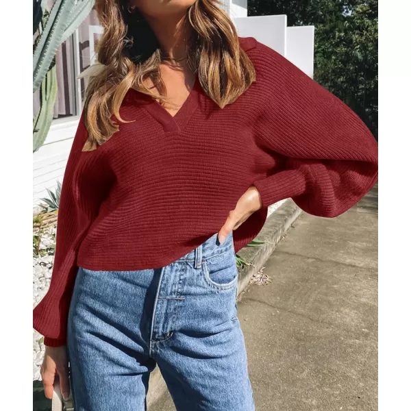 imageZESICA Womens 2023 Fall Lapel Collar V Neck Long Sleeve Ribbed Knit Comfy Loose Casual Pullover Sweater Jumper TopBurgundy