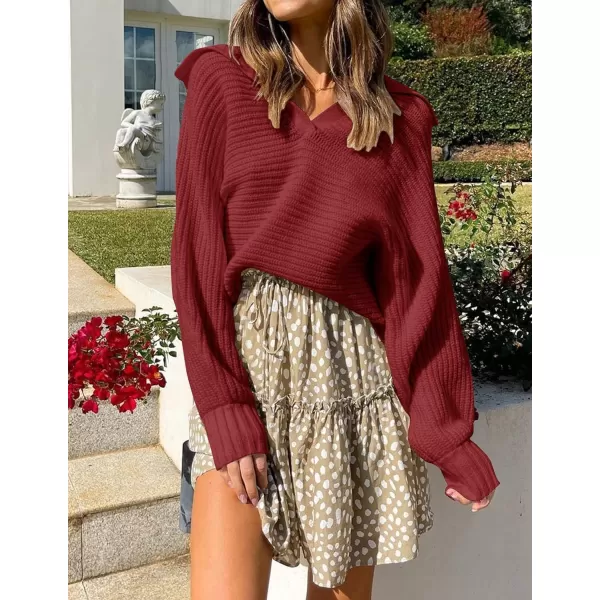imageZESICA Womens 2023 Fall Lapel Collar V Neck Long Sleeve Ribbed Knit Comfy Loose Casual Pullover Sweater Jumper TopBurgundy