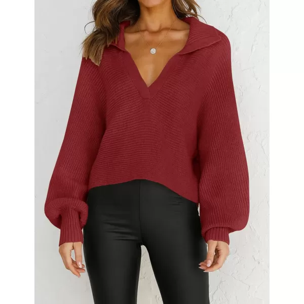 imageZESICA Womens 2023 Fall Lapel Collar V Neck Long Sleeve Ribbed Knit Comfy Loose Casual Pullover Sweater Jumper TopBurgundy