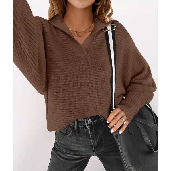 imageZESICA Womens 2023 Fall Lapel Collar V Neck Long Sleeve Ribbed Knit Comfy Loose Casual Pullover Sweater Jumper TopCoffee