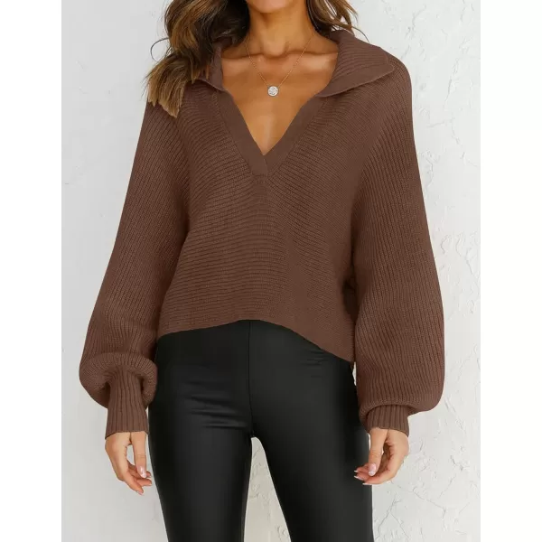 imageZESICA Womens 2023 Fall Lapel Collar V Neck Long Sleeve Ribbed Knit Comfy Loose Casual Pullover Sweater Jumper TopCoffee