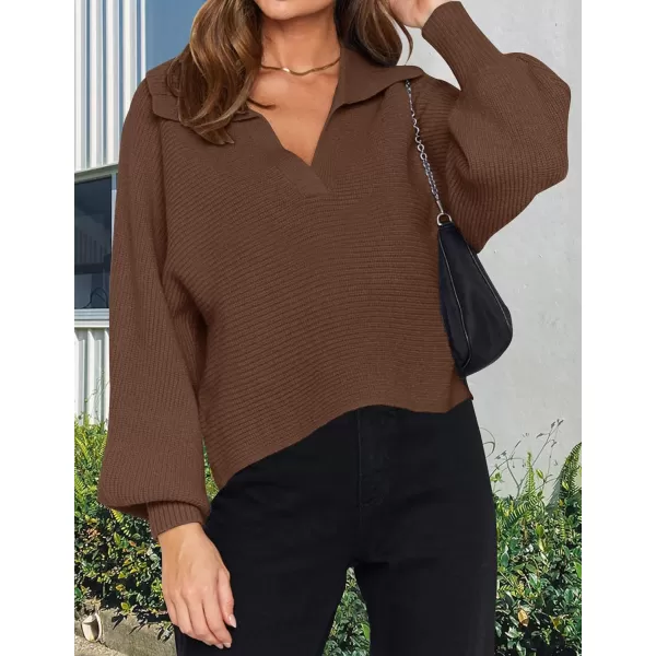 imageZESICA Womens 2023 Fall Lapel Collar V Neck Long Sleeve Ribbed Knit Comfy Loose Casual Pullover Sweater Jumper TopCoffee