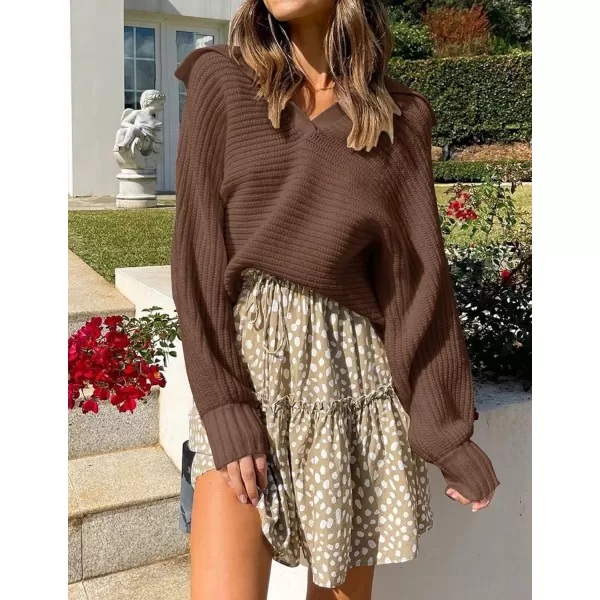 imageZESICA Womens 2023 Fall Lapel Collar V Neck Long Sleeve Ribbed Knit Comfy Loose Casual Pullover Sweater Jumper TopCoffee