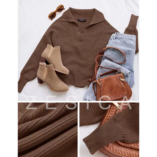 imageZESICA Womens 2023 Fall Lapel Collar V Neck Long Sleeve Ribbed Knit Comfy Loose Casual Pullover Sweater Jumper TopCoffee