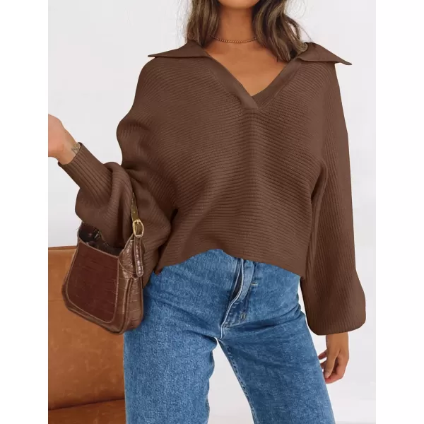 imageZESICA Womens 2023 Fall Lapel Collar V Neck Long Sleeve Ribbed Knit Comfy Loose Casual Pullover Sweater Jumper TopCoffee