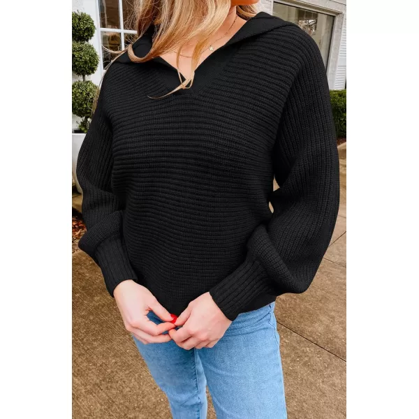 imageZESICA Womens 2023 Fall Lapel Collar V Neck Long Sleeve Ribbed Knit Comfy Loose Casual Pullover Sweater Jumper TopDarkblack