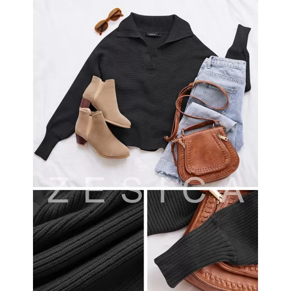 imageZESICA Womens 2023 Fall Lapel Collar V Neck Long Sleeve Ribbed Knit Comfy Loose Casual Pullover Sweater Jumper TopDarkblack