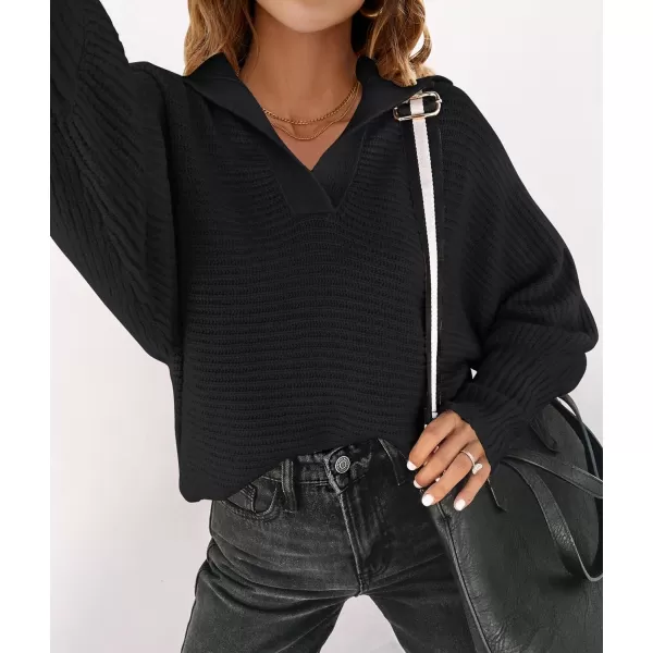 imageZESICA Womens 2023 Fall Lapel Collar V Neck Long Sleeve Ribbed Knit Comfy Loose Casual Pullover Sweater Jumper TopDarkblack