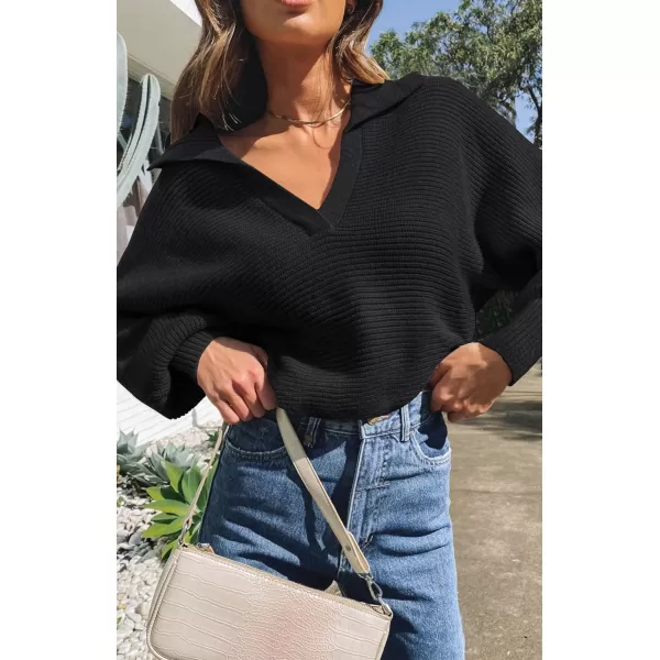 imageZESICA Womens 2023 Fall Lapel Collar V Neck Long Sleeve Ribbed Knit Comfy Loose Casual Pullover Sweater Jumper TopDarkblack