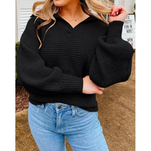 imageZESICA Womens 2023 Fall Lapel Collar V Neck Long Sleeve Ribbed Knit Comfy Loose Casual Pullover Sweater Jumper TopDarkblack