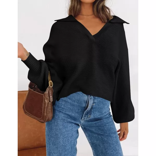 imageZESICA Womens 2023 Fall Lapel Collar V Neck Long Sleeve Ribbed Knit Comfy Loose Casual Pullover Sweater Jumper TopDarkblack
