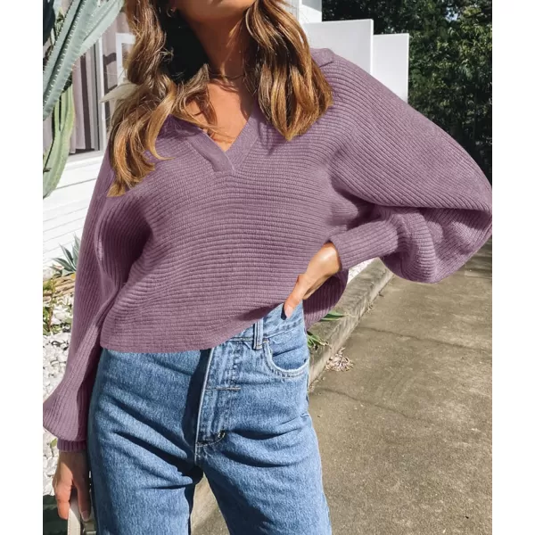 imageZESICA Womens 2023 Fall Lapel Collar V Neck Long Sleeve Ribbed Knit Comfy Loose Casual Pullover Sweater Jumper TopDarkpurple