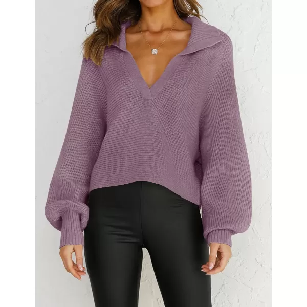 imageZESICA Womens 2023 Fall Lapel Collar V Neck Long Sleeve Ribbed Knit Comfy Loose Casual Pullover Sweater Jumper TopDarkpurple