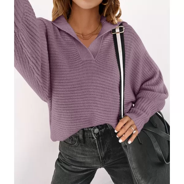 imageZESICA Womens 2023 Fall Lapel Collar V Neck Long Sleeve Ribbed Knit Comfy Loose Casual Pullover Sweater Jumper TopDarkpurple