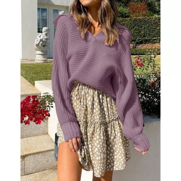 imageZESICA Womens 2023 Fall Lapel Collar V Neck Long Sleeve Ribbed Knit Comfy Loose Casual Pullover Sweater Jumper TopDarkpurple
