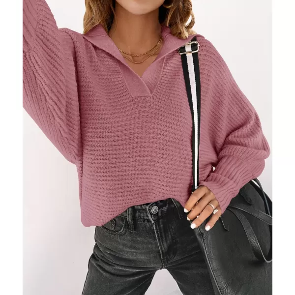 imageZESICA Womens 2023 Fall Lapel Collar V Neck Long Sleeve Ribbed Knit Comfy Loose Casual Pullover Sweater Jumper TopDustypink