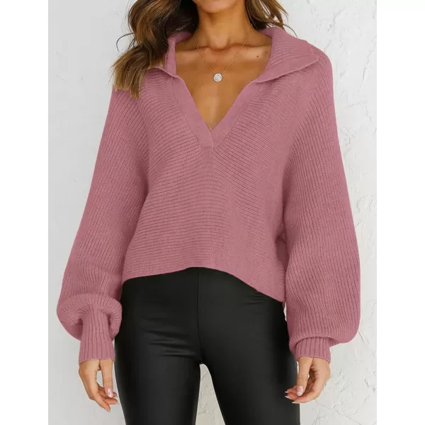 imageZESICA Womens 2023 Fall Lapel Collar V Neck Long Sleeve Ribbed Knit Comfy Loose Casual Pullover Sweater Jumper TopDustypink