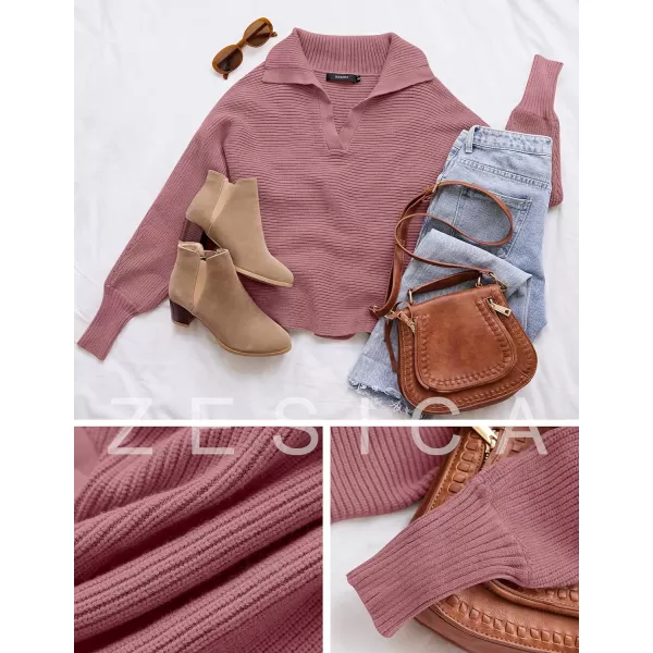 imageZESICA Womens 2023 Fall Lapel Collar V Neck Long Sleeve Ribbed Knit Comfy Loose Casual Pullover Sweater Jumper TopDustypink
