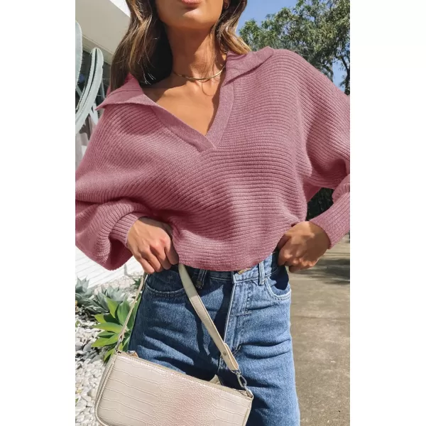 imageZESICA Womens 2023 Fall Lapel Collar V Neck Long Sleeve Ribbed Knit Comfy Loose Casual Pullover Sweater Jumper TopDustypink