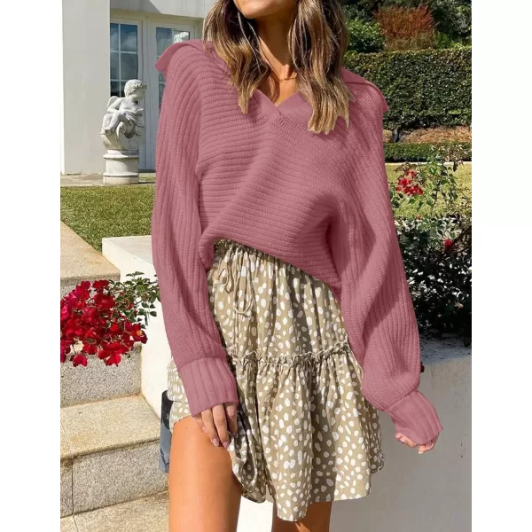 imageZESICA Womens 2023 Fall Lapel Collar V Neck Long Sleeve Ribbed Knit Comfy Loose Casual Pullover Sweater Jumper TopDustypink