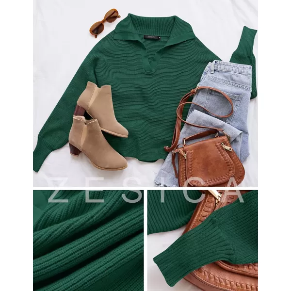 imageZESICA Womens 2023 Fall Lapel Collar V Neck Long Sleeve Ribbed Knit Comfy Loose Casual Pullover Sweater Jumper TopForestgreen