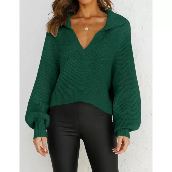 imageZESICA Womens 2023 Fall Lapel Collar V Neck Long Sleeve Ribbed Knit Comfy Loose Casual Pullover Sweater Jumper TopForestgreen