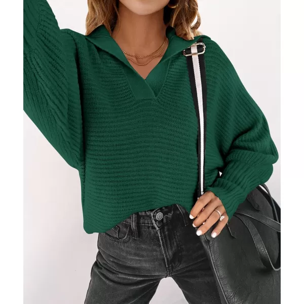 imageZESICA Womens 2023 Fall Lapel Collar V Neck Long Sleeve Ribbed Knit Comfy Loose Casual Pullover Sweater Jumper TopForestgreen