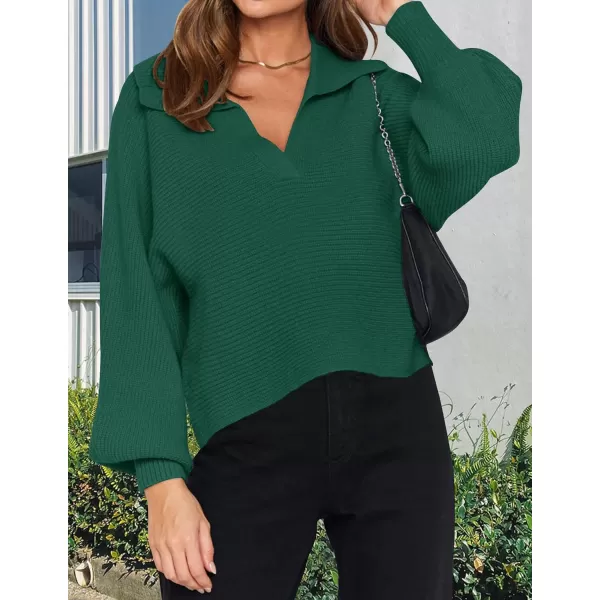 imageZESICA Womens 2023 Fall Lapel Collar V Neck Long Sleeve Ribbed Knit Comfy Loose Casual Pullover Sweater Jumper TopForestgreen