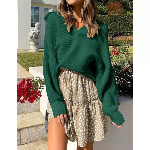 imageZESICA Womens 2023 Fall Lapel Collar V Neck Long Sleeve Ribbed Knit Comfy Loose Casual Pullover Sweater Jumper TopForestgreen