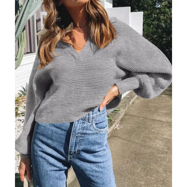imageZESICA Womens 2023 Fall Lapel Collar V Neck Long Sleeve Ribbed Knit Comfy Loose Casual Pullover Sweater Jumper TopGrey