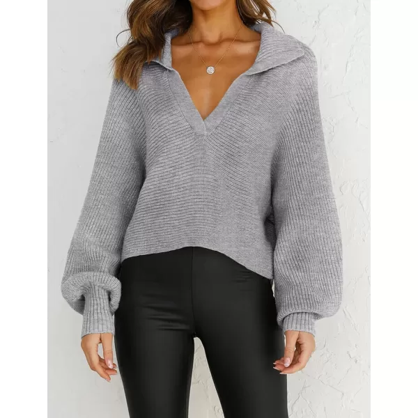 imageZESICA Womens 2023 Fall Lapel Collar V Neck Long Sleeve Ribbed Knit Comfy Loose Casual Pullover Sweater Jumper TopGrey