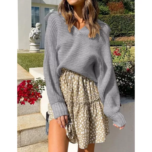 imageZESICA Womens 2023 Fall Lapel Collar V Neck Long Sleeve Ribbed Knit Comfy Loose Casual Pullover Sweater Jumper TopGrey