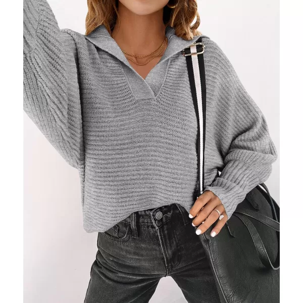 imageZESICA Womens 2023 Fall Lapel Collar V Neck Long Sleeve Ribbed Knit Comfy Loose Casual Pullover Sweater Jumper TopGrey