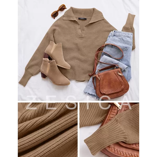 imageZESICA Womens 2023 Fall Lapel Collar V Neck Long Sleeve Ribbed Knit Comfy Loose Casual Pullover Sweater Jumper TopKhaki