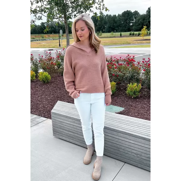 imageZESICA Womens 2023 Fall Lapel Collar V Neck Long Sleeve Ribbed Knit Comfy Loose Casual Pullover Sweater Jumper TopKhaki
