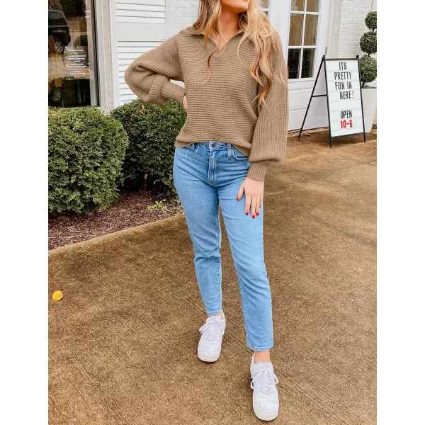 imageZESICA Womens 2023 Fall Lapel Collar V Neck Long Sleeve Ribbed Knit Comfy Loose Casual Pullover Sweater Jumper TopKhaki