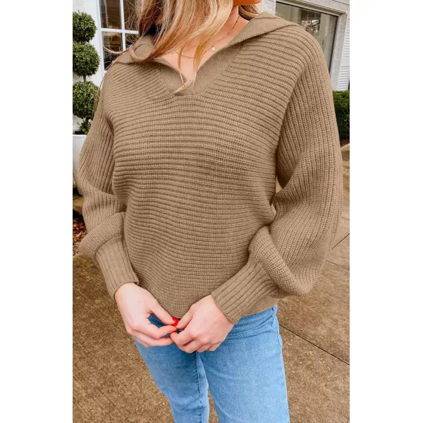 imageZESICA Womens 2023 Fall Lapel Collar V Neck Long Sleeve Ribbed Knit Comfy Loose Casual Pullover Sweater Jumper TopKhaki