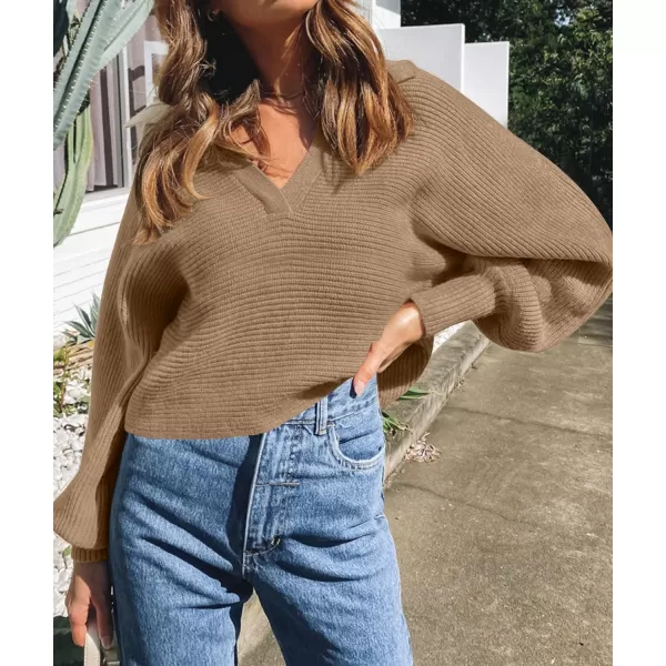 imageZESICA Womens 2023 Fall Lapel Collar V Neck Long Sleeve Ribbed Knit Comfy Loose Casual Pullover Sweater Jumper TopKhaki