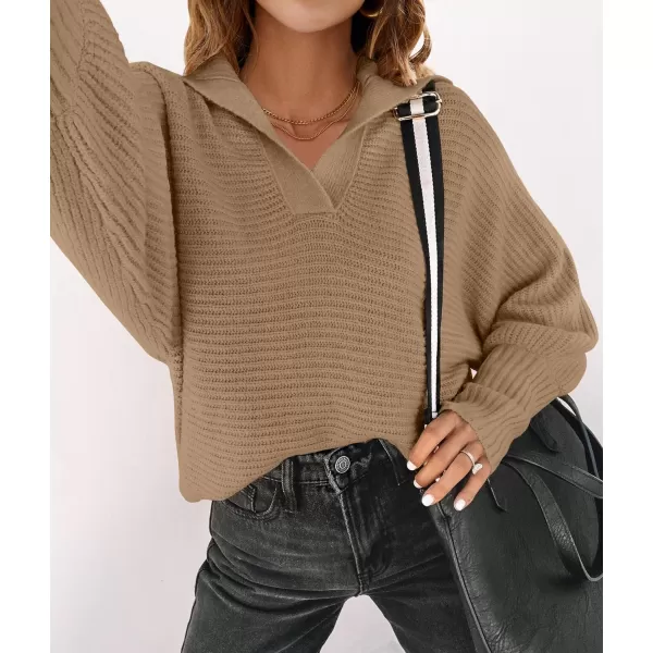 imageZESICA Womens 2023 Fall Lapel Collar V Neck Long Sleeve Ribbed Knit Comfy Loose Casual Pullover Sweater Jumper TopKhaki