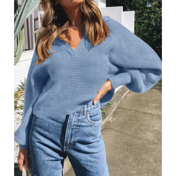 imageZESICA Womens 2023 Fall Lapel Collar V Neck Long Sleeve Ribbed Knit Comfy Loose Casual Pullover Sweater Jumper TopLightblue