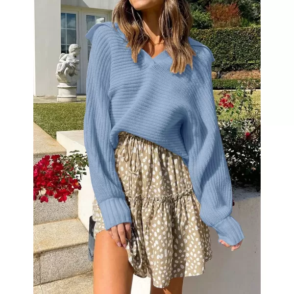 imageZESICA Womens 2023 Fall Lapel Collar V Neck Long Sleeve Ribbed Knit Comfy Loose Casual Pullover Sweater Jumper TopLightblue