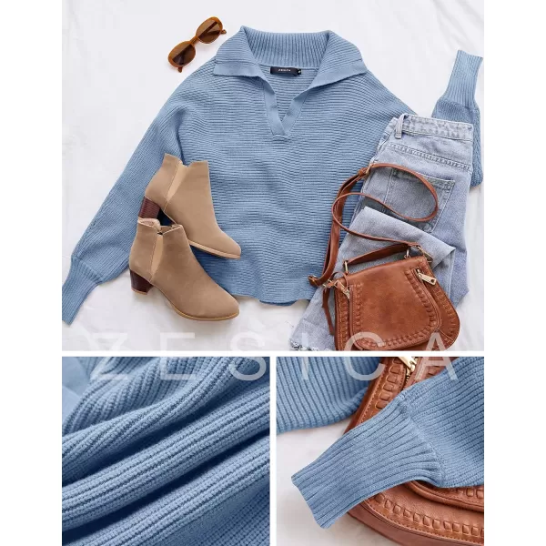 imageZESICA Womens 2023 Fall Lapel Collar V Neck Long Sleeve Ribbed Knit Comfy Loose Casual Pullover Sweater Jumper TopLightblue
