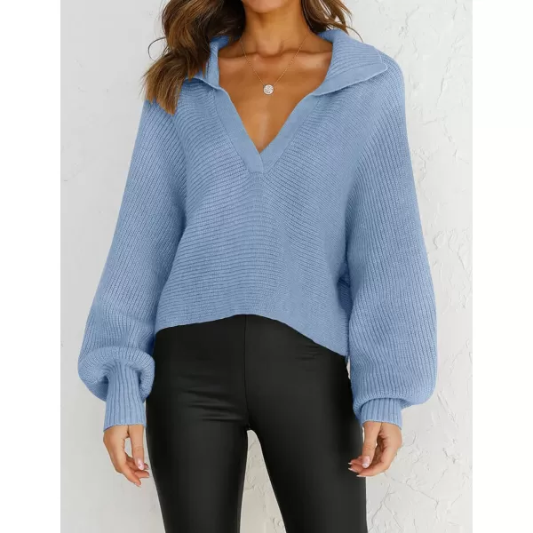 imageZESICA Womens 2023 Fall Lapel Collar V Neck Long Sleeve Ribbed Knit Comfy Loose Casual Pullover Sweater Jumper TopLightblue